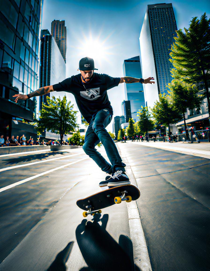 Skateboarder Ollie in City with Dynamic Range