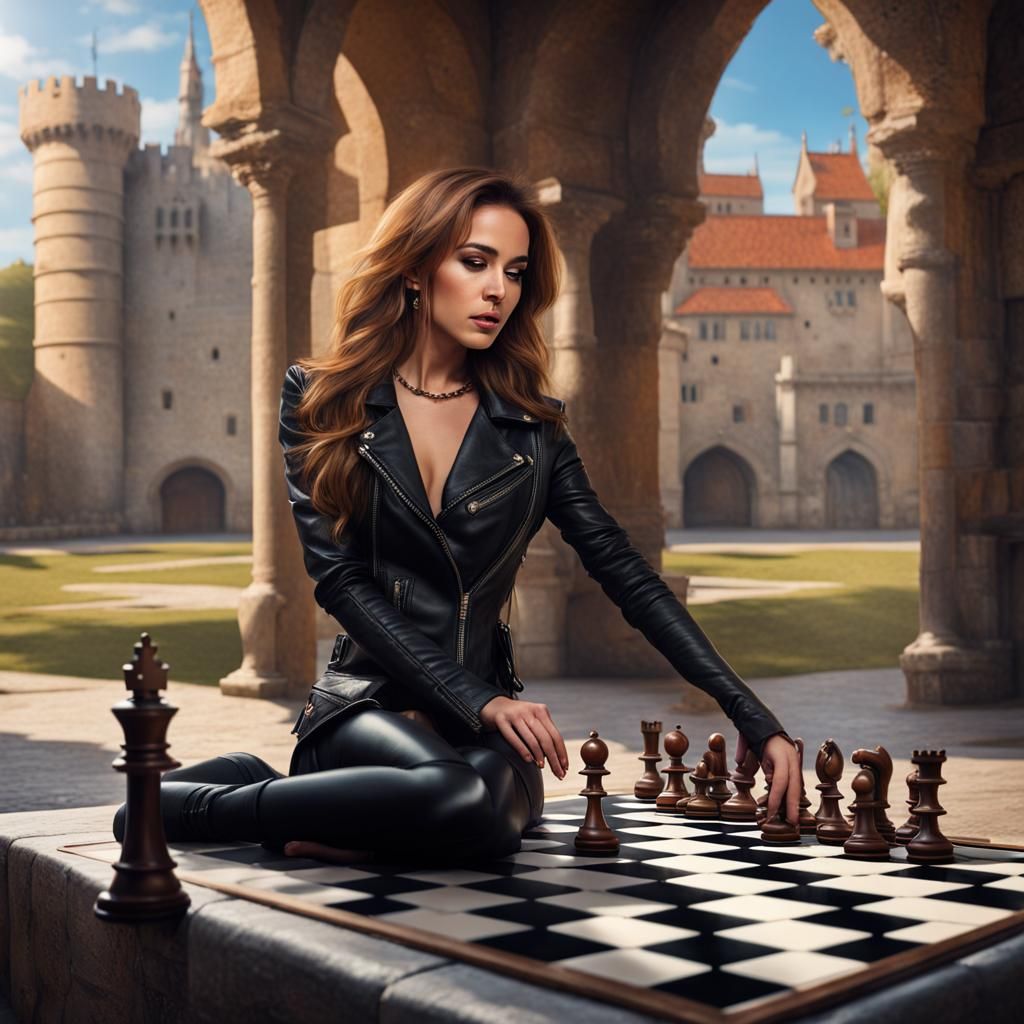 Woman in Leather Plays Chess in Castle, Hyperrealistic Art