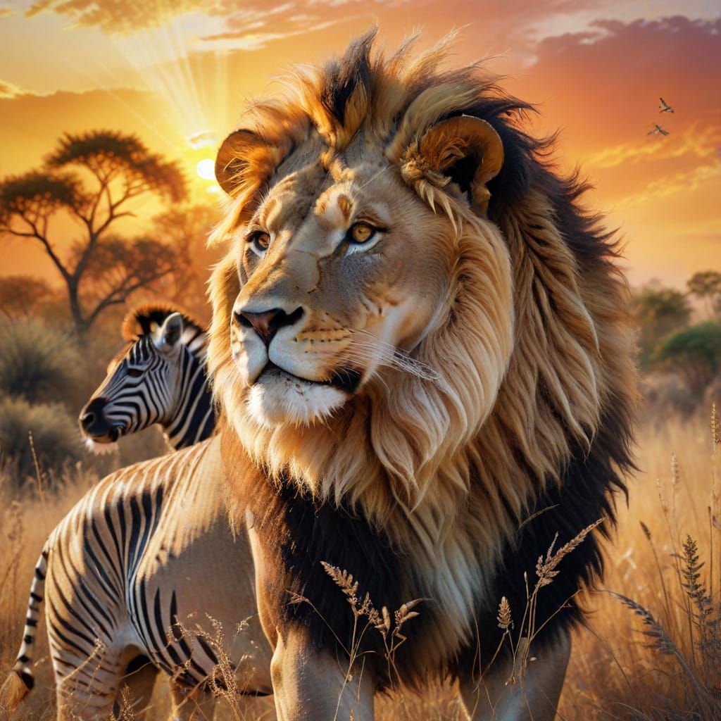 Ethereal Double Exposure of Lion and Zebra in Sunset Savanna...