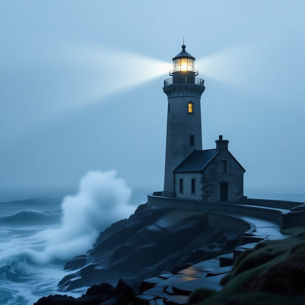 Weathered Lighthouse Beam Cuts Through Foggy Stormy Coast
