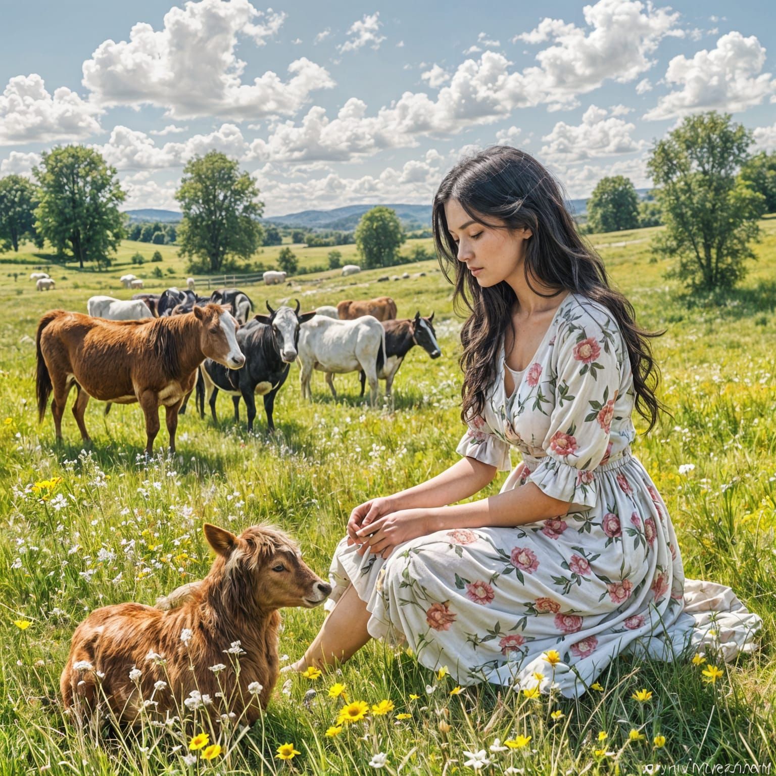 Shepherd's Wife Tending Cows and Horses in Meadow