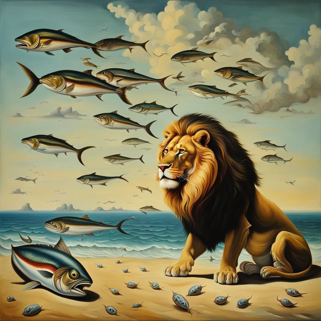 Lion's Surreal Beach Feast, Dali-esque Oil Painting