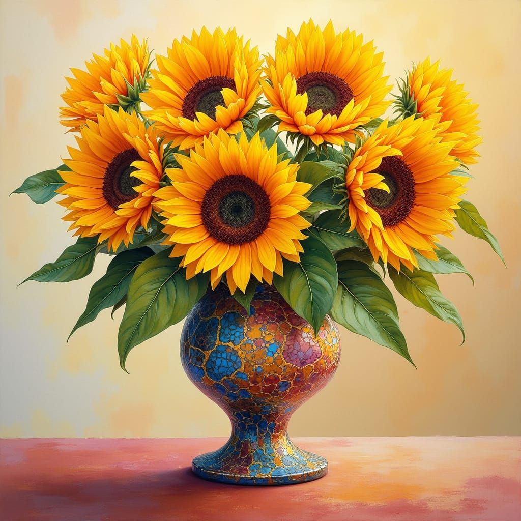 Majestic Sunflowers on a Vibrant Stained Glass Pedestal