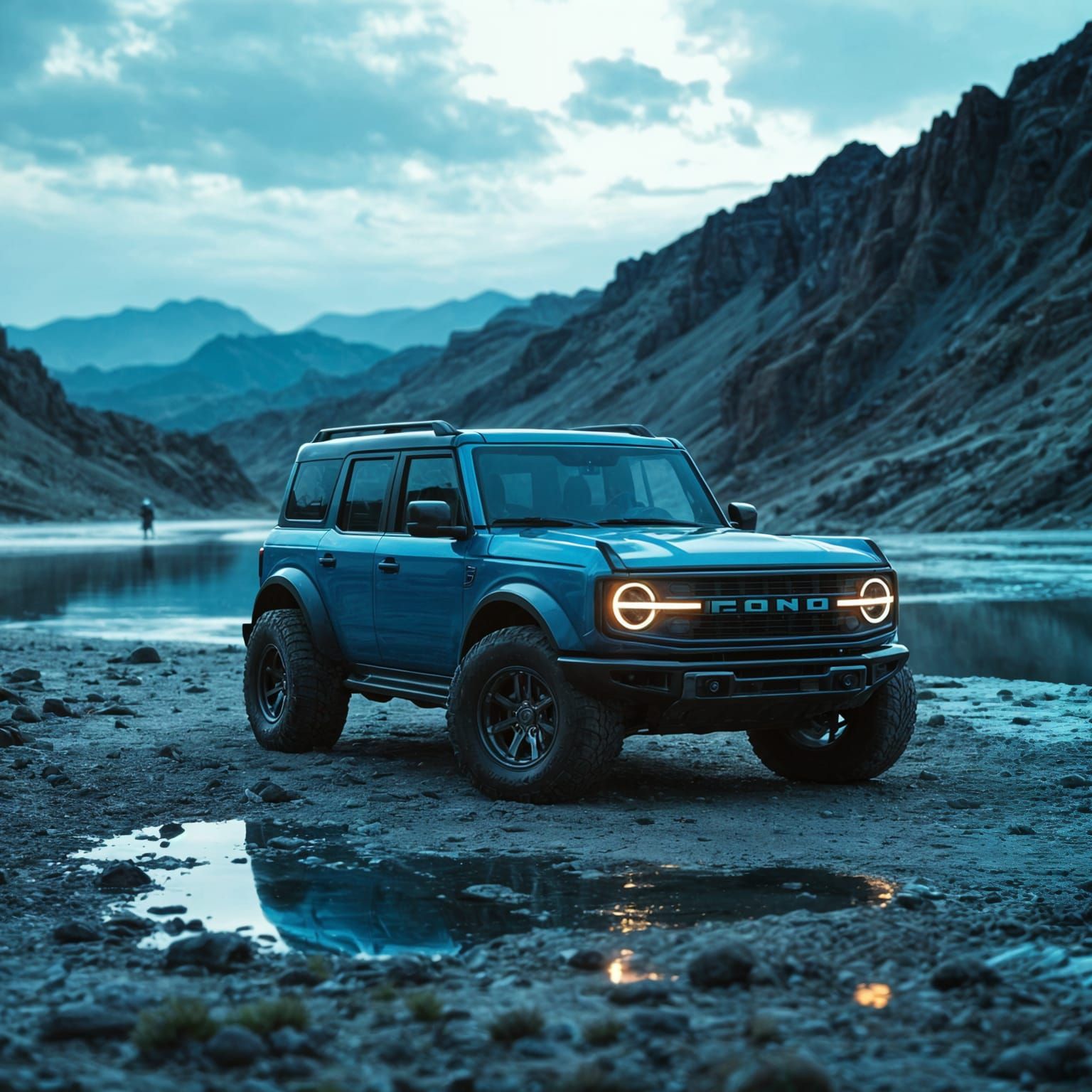 Matte Blue Ford Bronco and Alien in Area 51