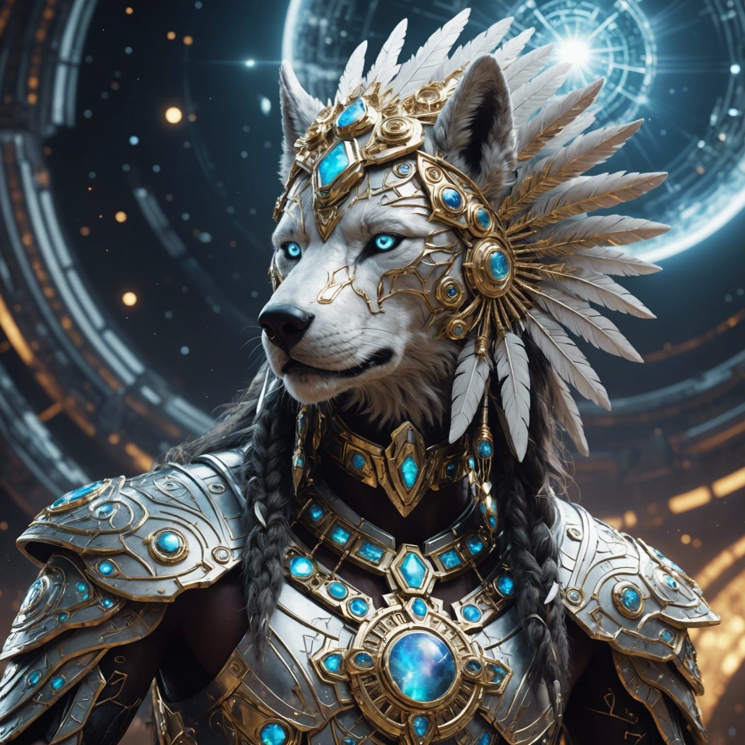 Fractal Opal Wolf with Shaman in Sci-Fi Vortex