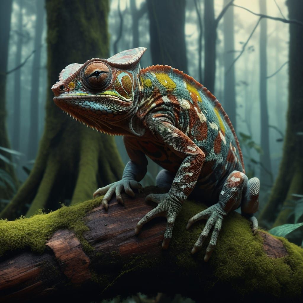 Brown Chameleon Masterfully Blends into Tropical Tree Trunk...