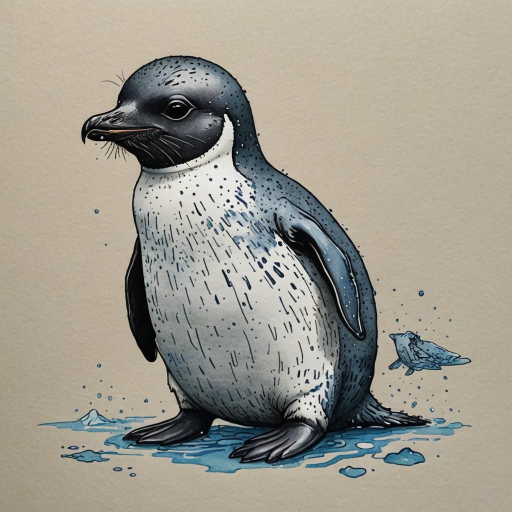 Cute Penguin-Seal Hybrid in Pen and Ink