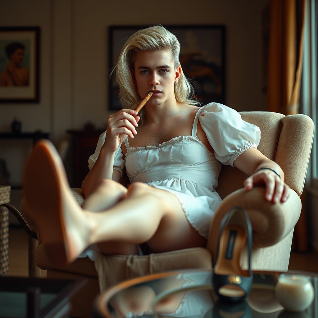 Androgynous Charm: Man in Babydoll Dress, Cigar