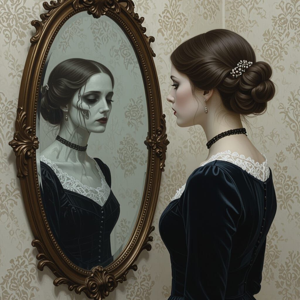 Eerie Mirror Reflection of Deceased Woman in Dark Realism