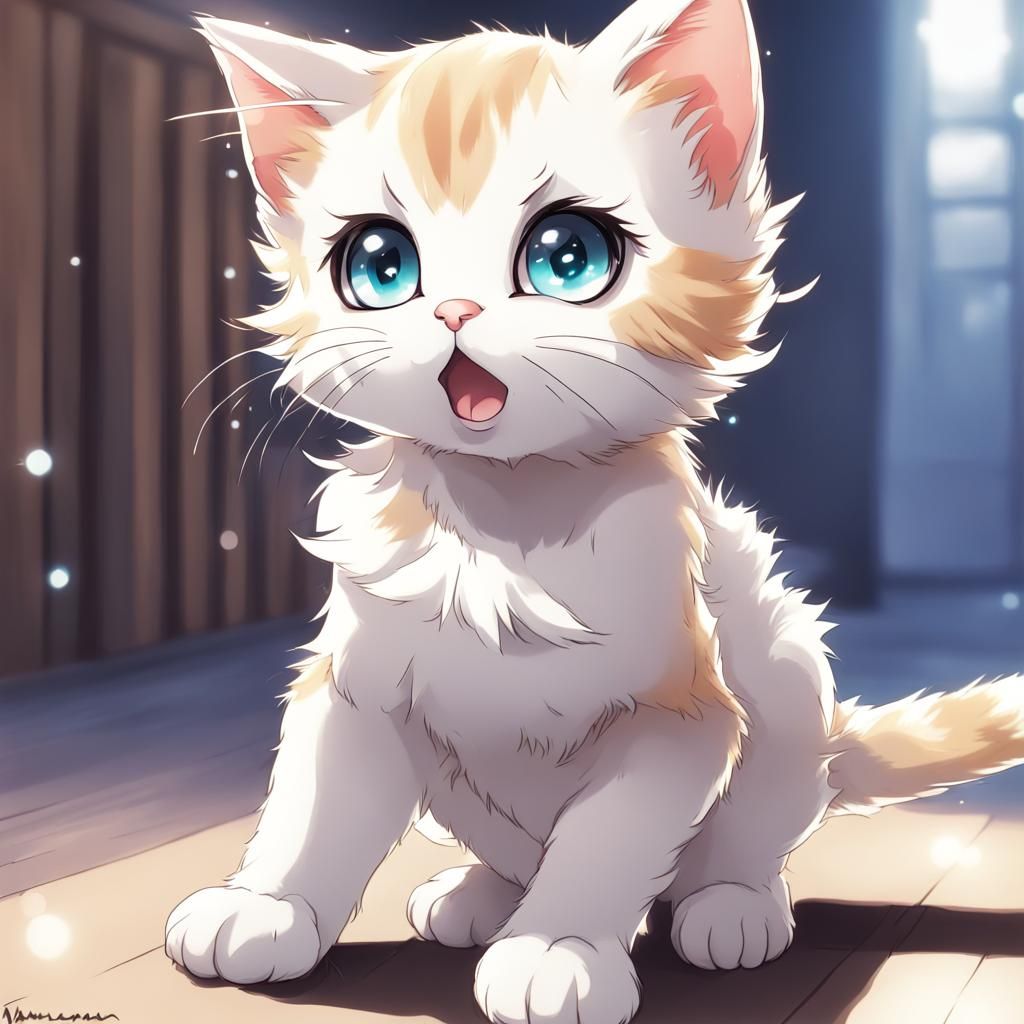 Cute Kitten with Sparkling Eyes, Anime Style