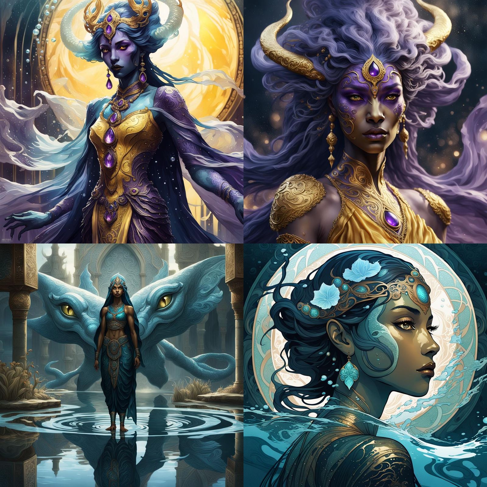 Water Djinn's Reflection: Dark Fantasy Concept Art