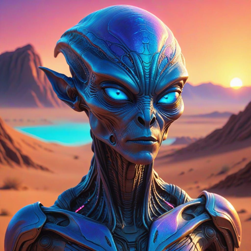 Humanoid Alien Portrait in a Neon Desert Landscape
