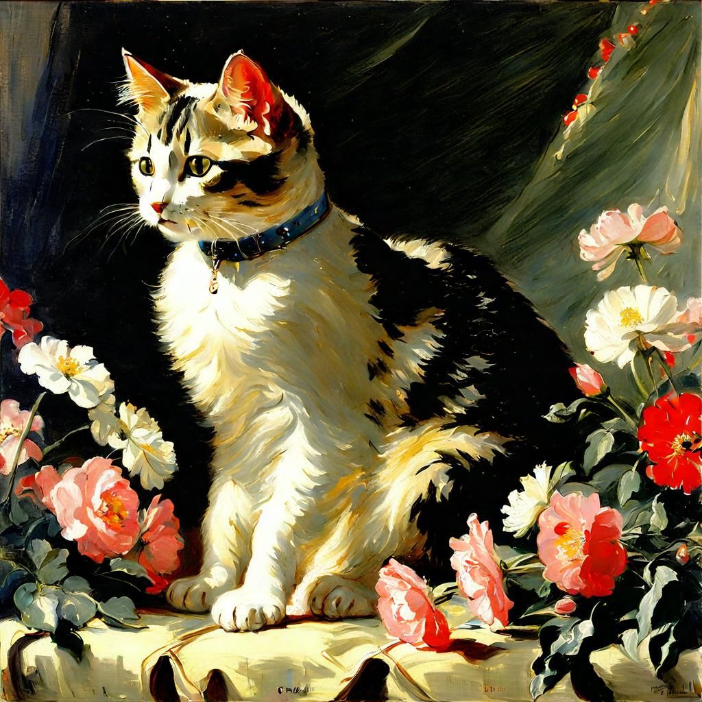 Cat on Pillow Surrounded by Flowers, Impressionist Style
