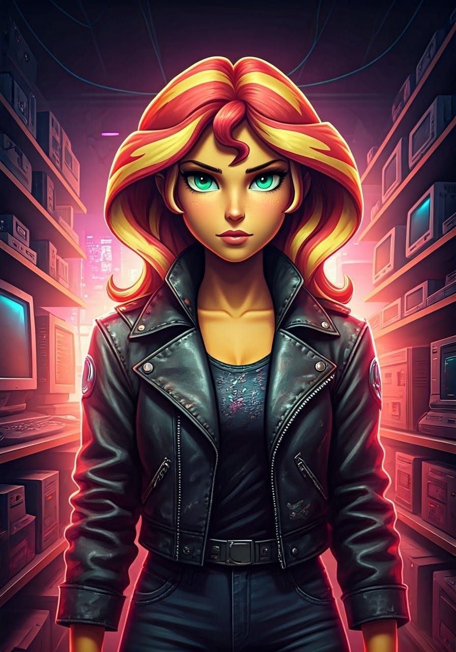 Sunset Shimmer in Cyberpunk Game Store, Digital Art