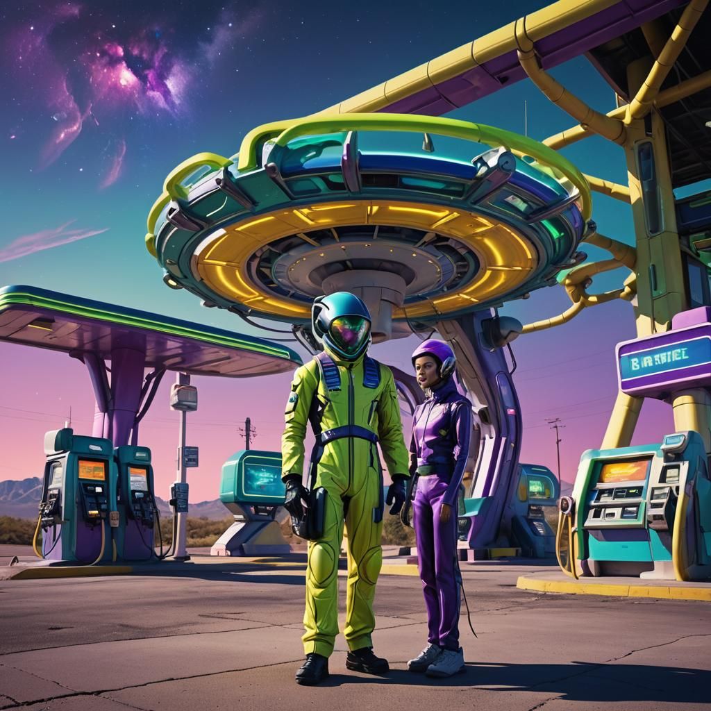 Alien Fuel Attendant at Futuristic Gas Station