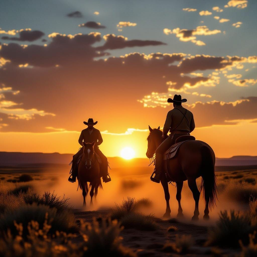 Cowboy on Horseback Silhouetted at Sunset