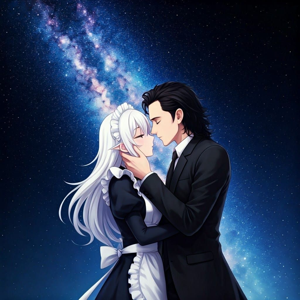 Romantic Kiss Under Starry Sky in Animated Style
