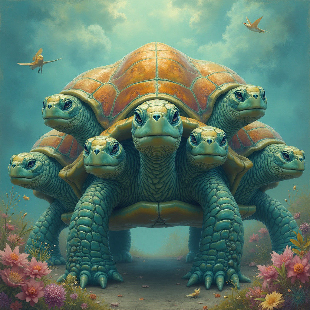 Majestic Six-Headed Turtle in Dreamlike Landscape