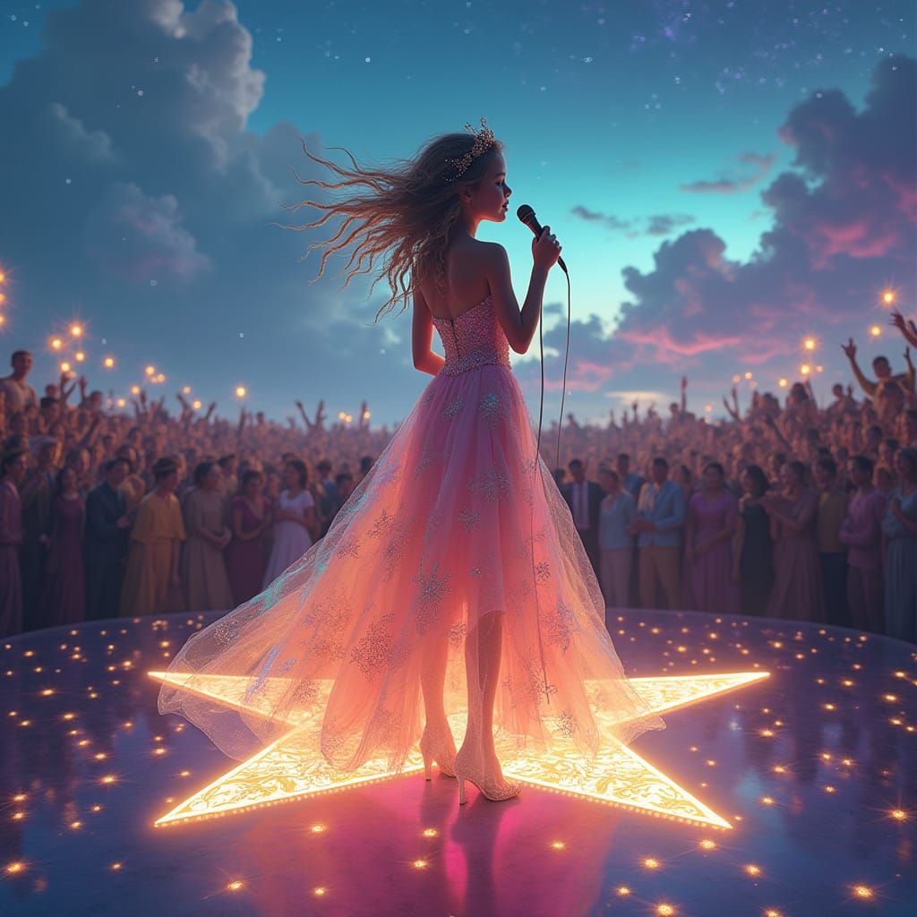 Fantasy Singer on Floating Star in Dreamy Landscape