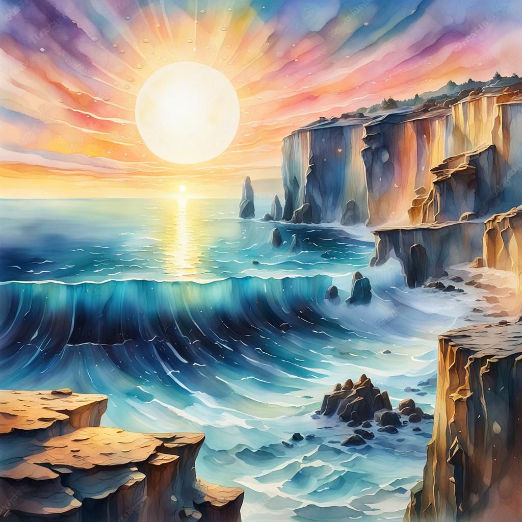Orb Above Ocean Cliffs at Sunset in Watercolor Style
