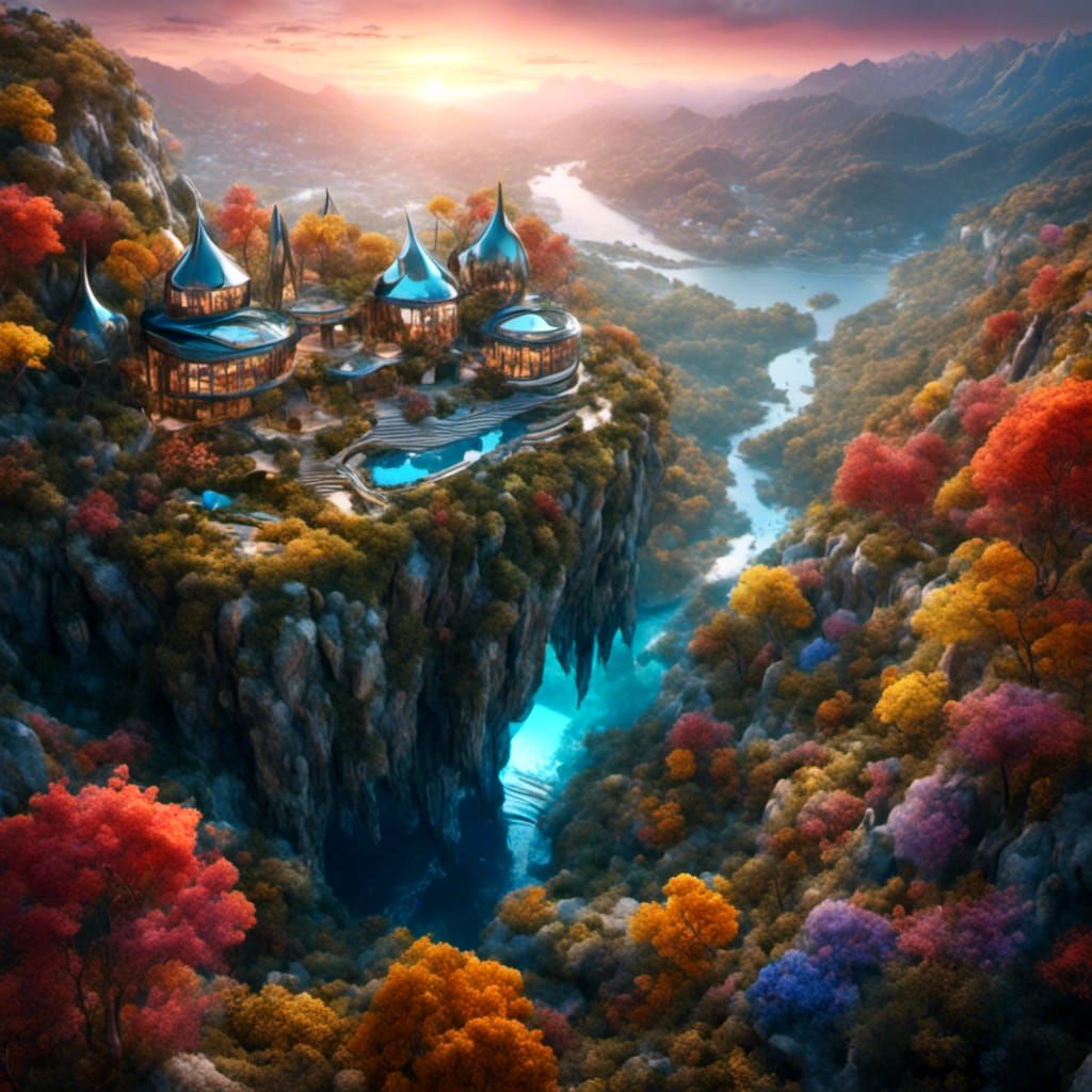 Futuristic Glass Houses at Sunset: Digital Art