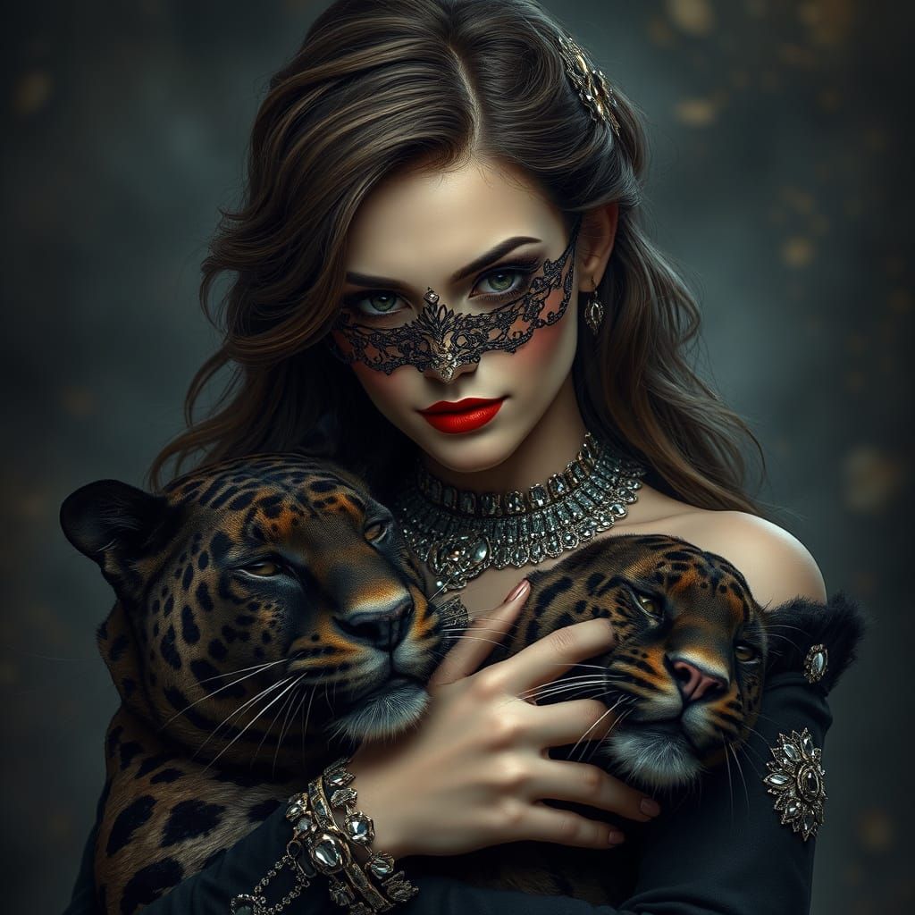 Mysterious Woman with Panther in Ethereal Style