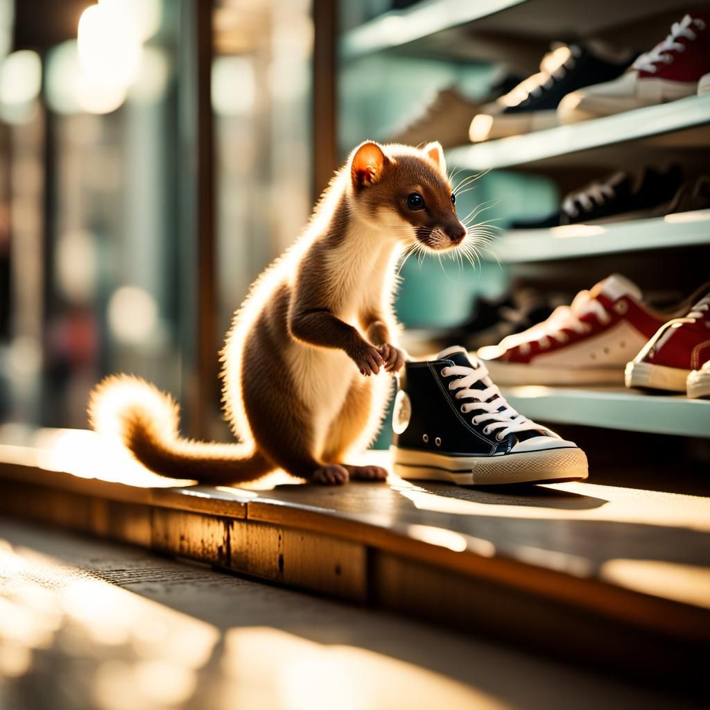 Weasel Sniffs Sneakers in Sunny Store