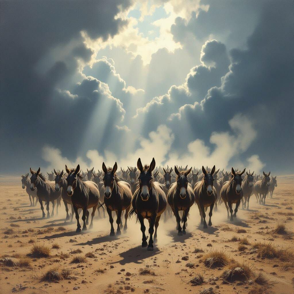 Epic Fantasy Donkeys Marching Across Desolate Plain