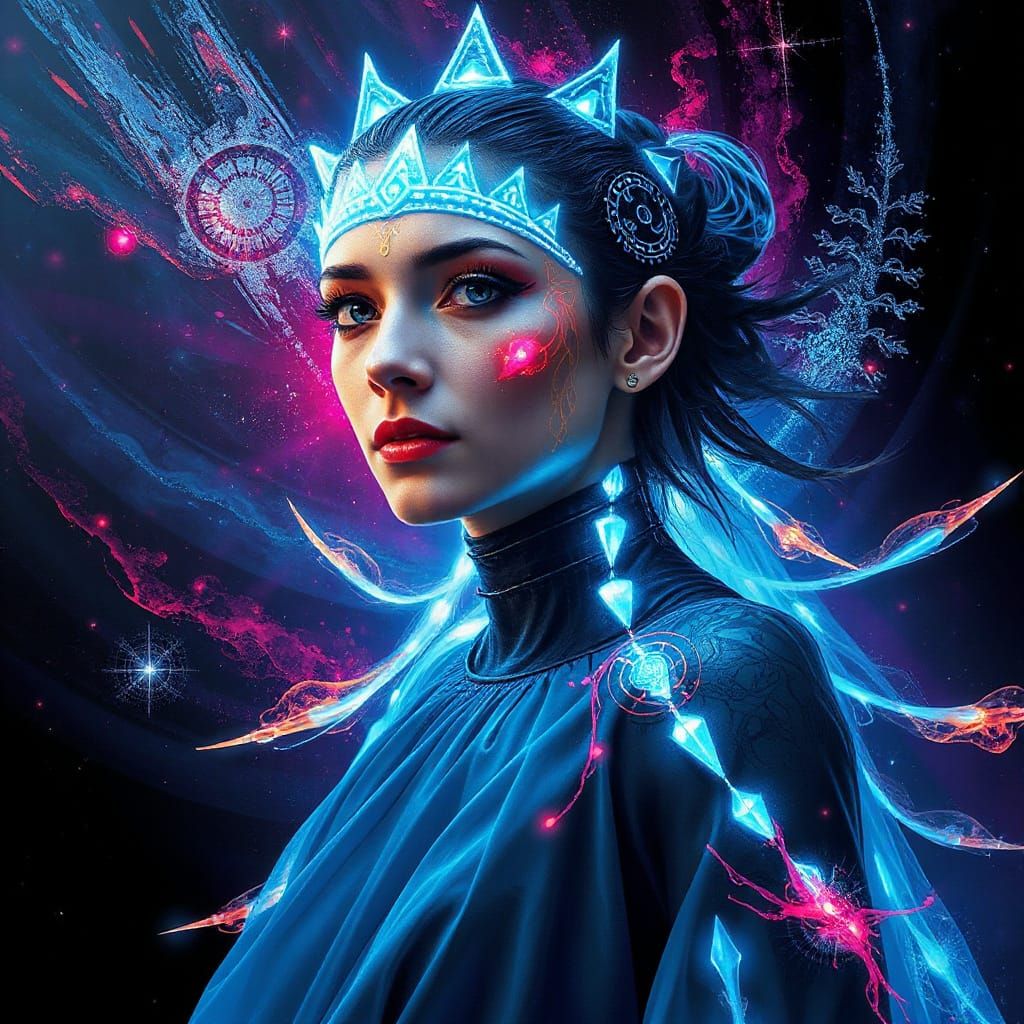 Futuristic Queen Portrait with Neon Tattoos