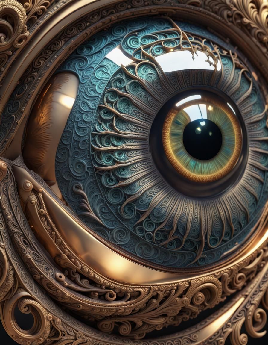 Iridescent Metal Eye Sculpture: Intricate Fantasy Art