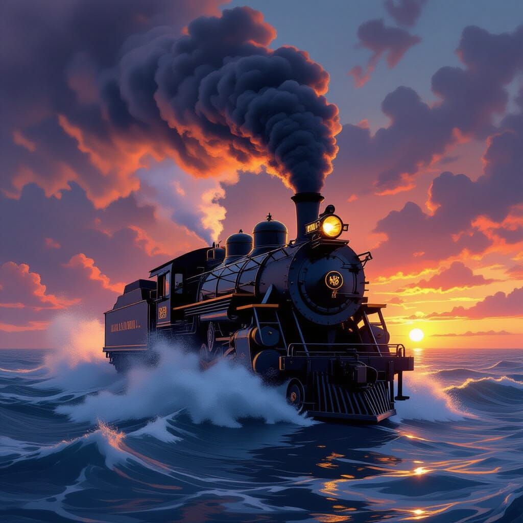 Steam Locomotive Emerges From Sea Wave at Sunset