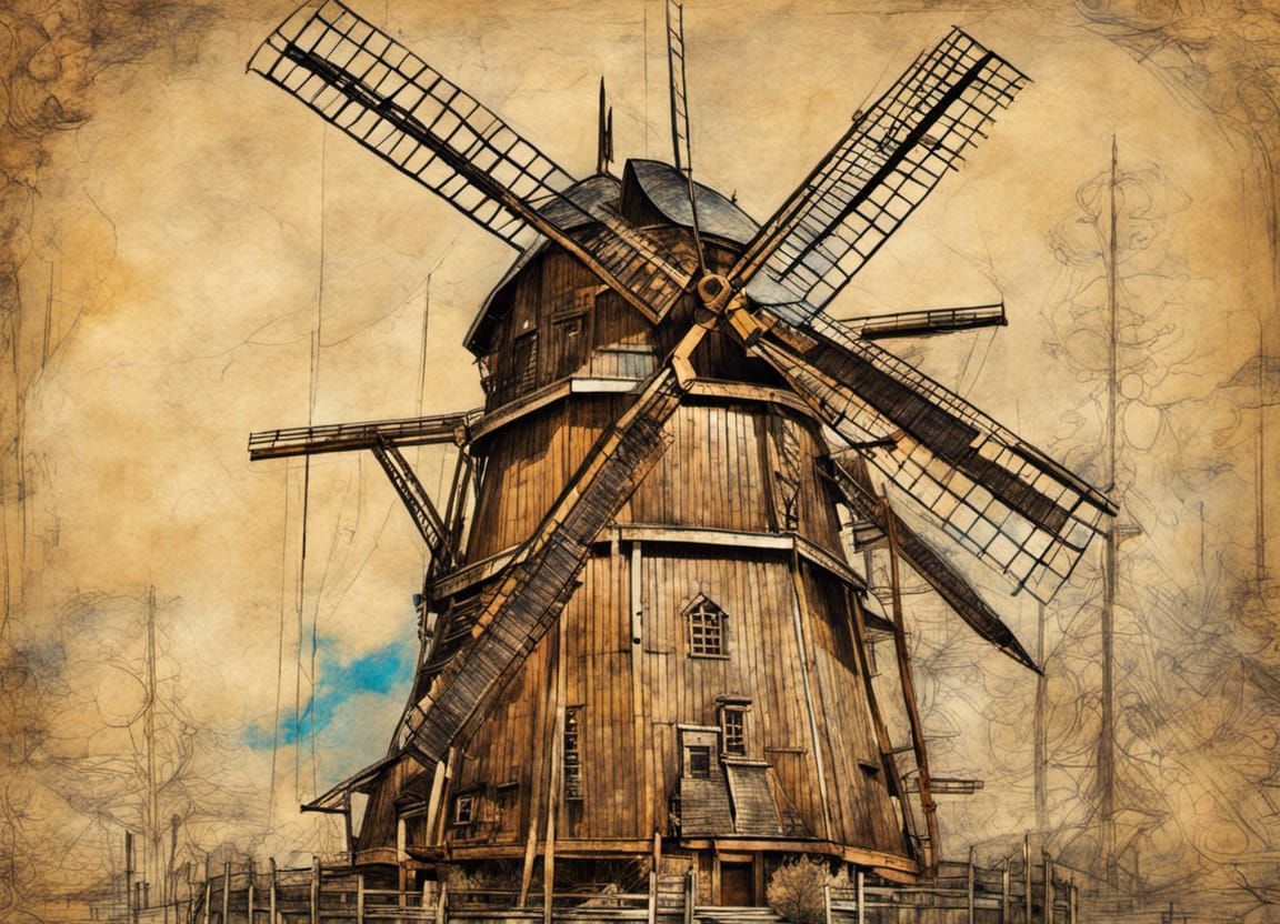 Windmill Technical Sketch in Da Vinci Style