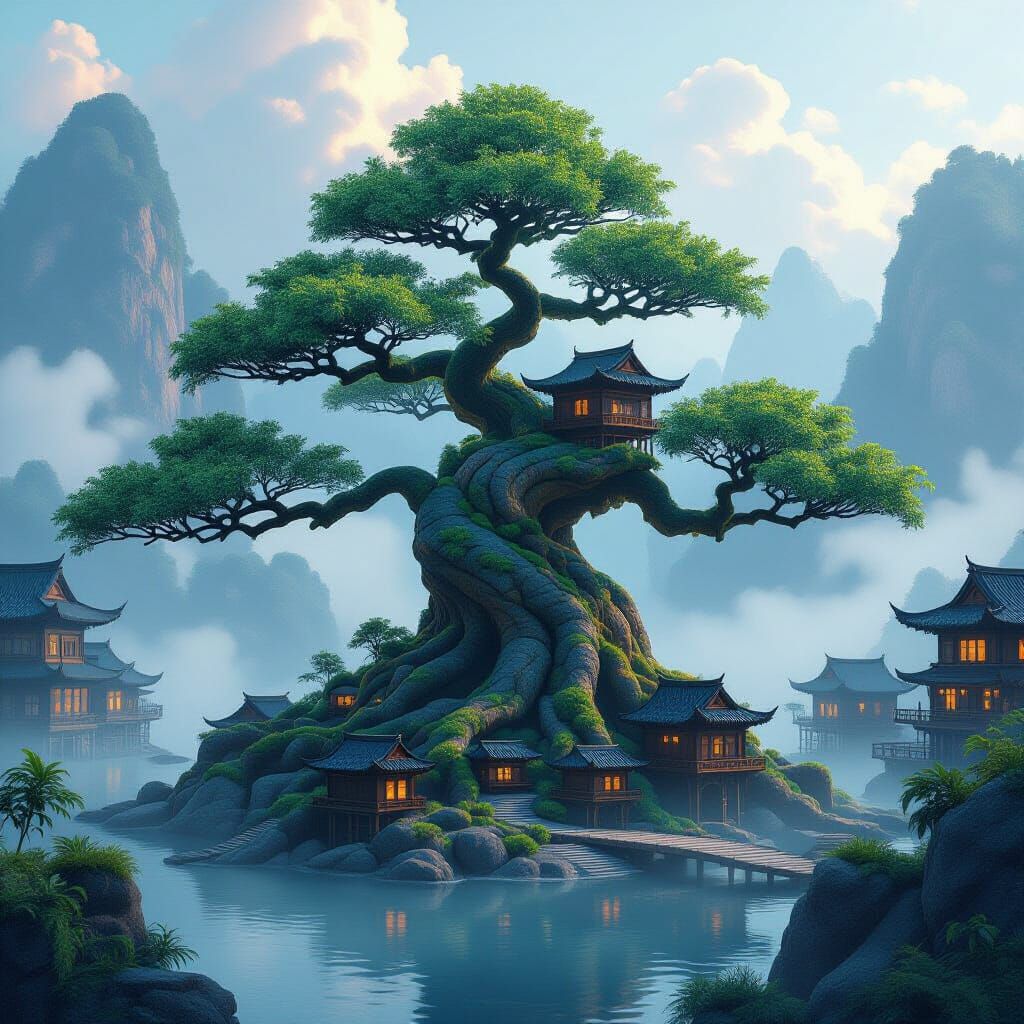 Giant Bonsai Tree with Luminous Leaves