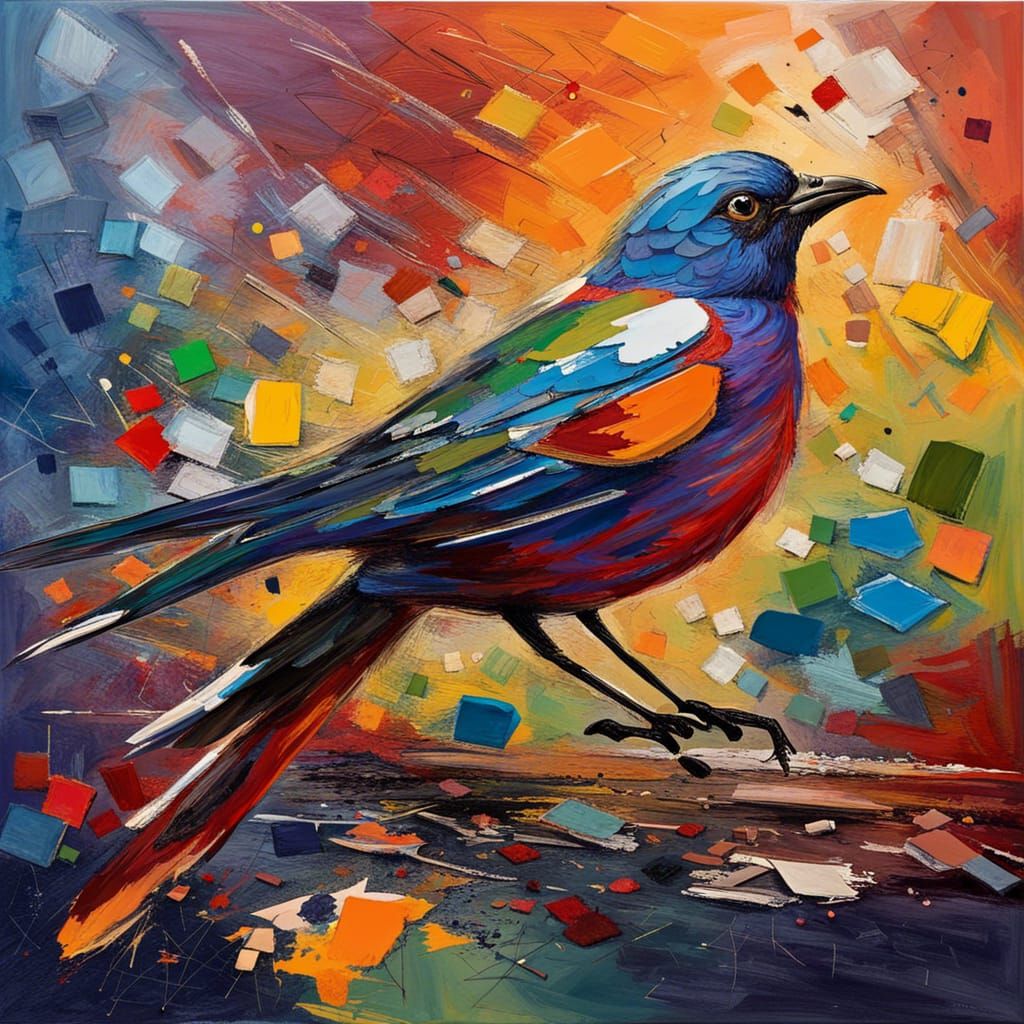 Painted Bunting on Palette: Neo-Impressionist Oil Painting