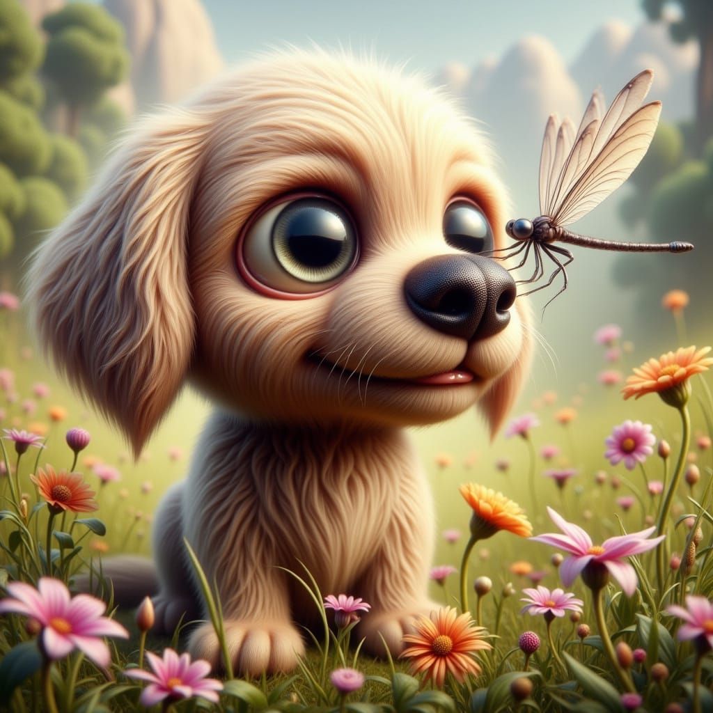 Cute Puppy Surprised by Dragonfly on His Nose in Whimsical A...