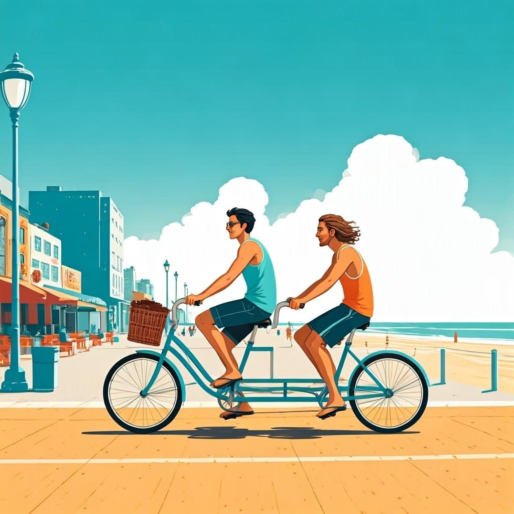 Men Ride Tandem Bike on Beachfront in Graphic Style