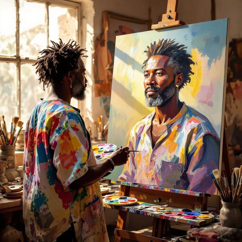 African Artist Creates Self-Portrait in Sunlit Studio