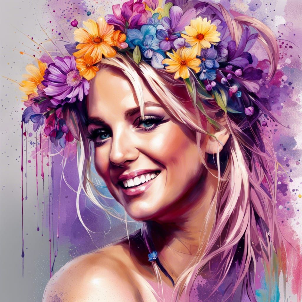 Britney Spears Portrait with Flowers in Splash Art Style