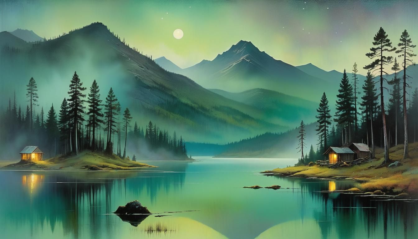 Moonlit Mountain Landscape with Pine Forest
