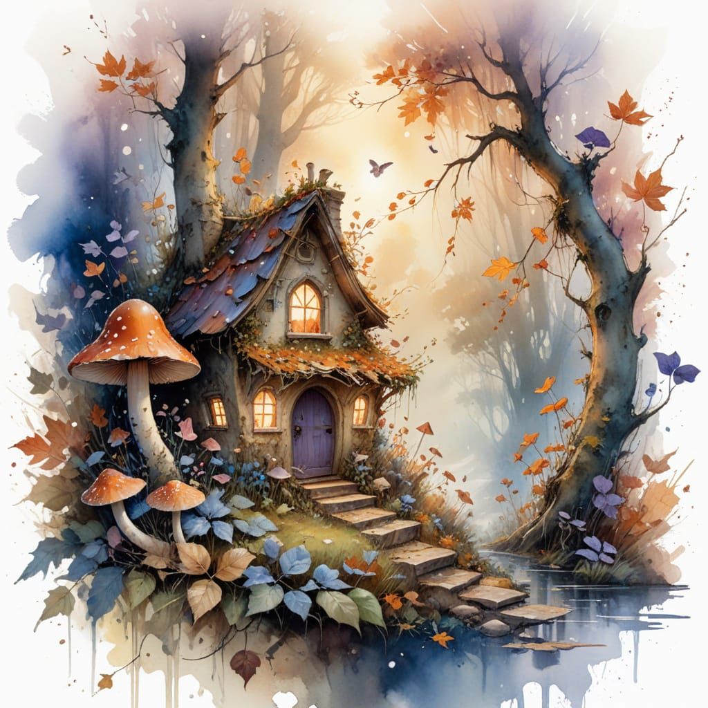 Twilight Fairyhouse in Autumn Glade, Watercolour Painting