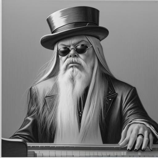 Leon Russell, sunglasses, 
tophat, at the piano, profile, pe...
