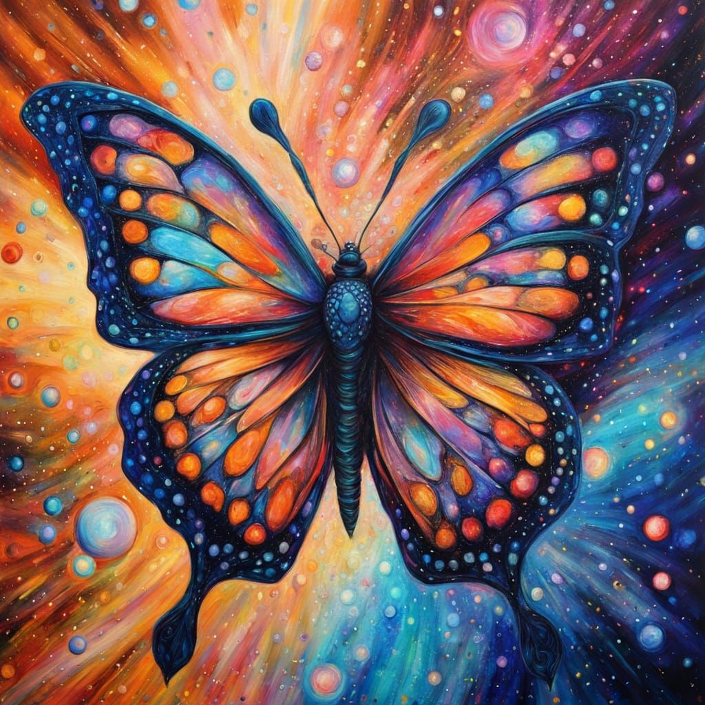 Vibrant Oil Painting of a Colorful Butterfly in Cosmic Bloom