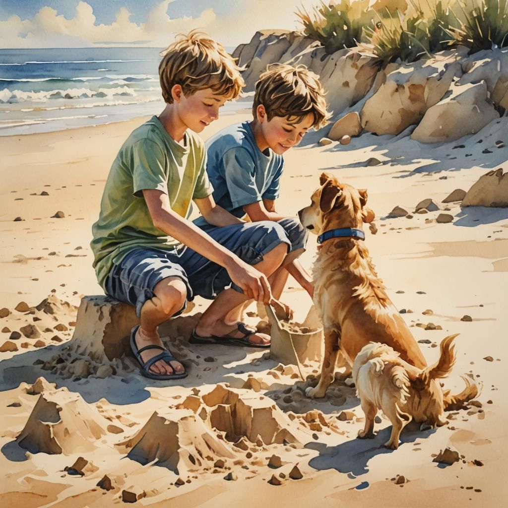 Boy and Dog Build Sandcastle: Watercolor Painting