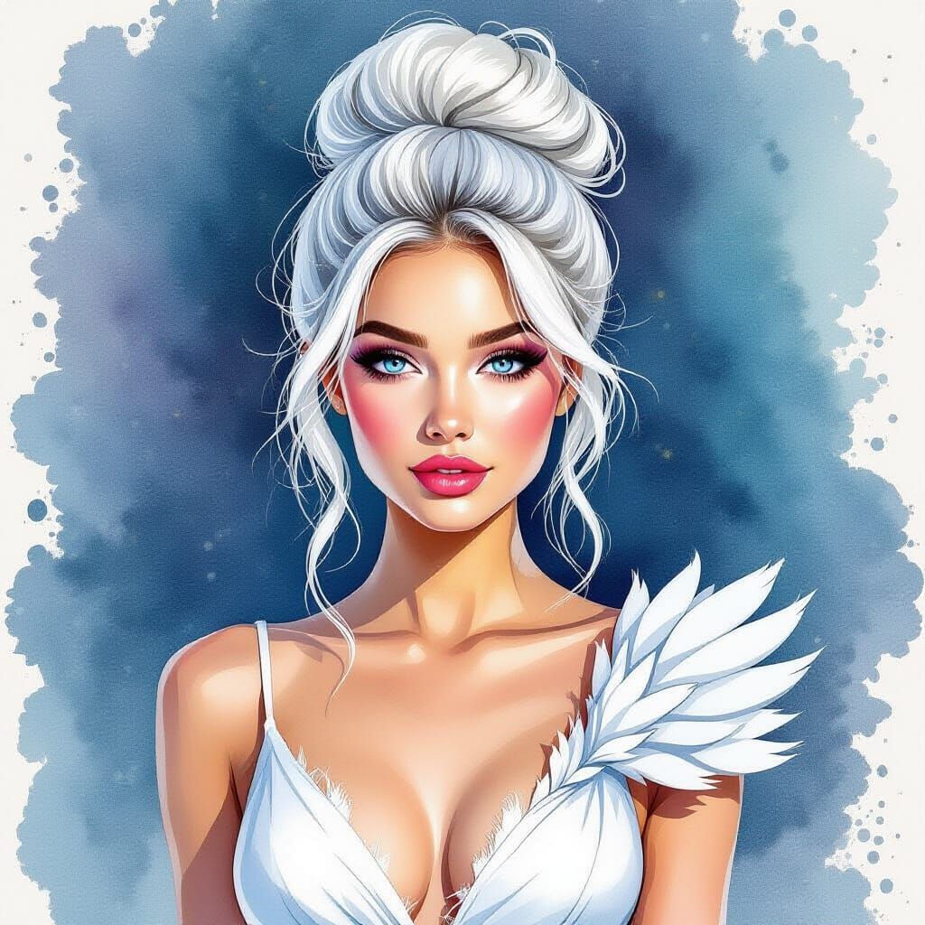 White Haired Woman in Bird-Shaped Dress, Watercolor Splatter...