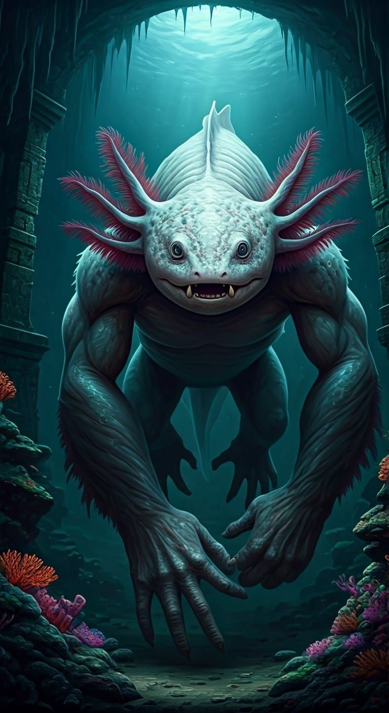 Demonic Axolotl-Gorilla Hybrid in Underwater Cave