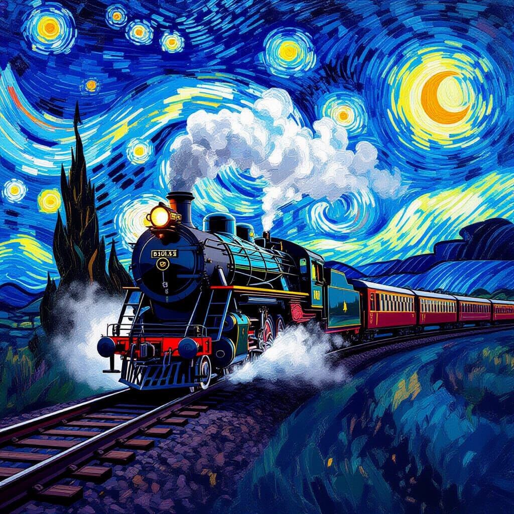 Steam Train Soaring Through Starry Night Sky