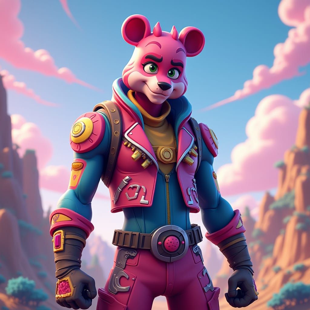 Vibrant Fortnite Hero in Futuristic Cartoon Landscape