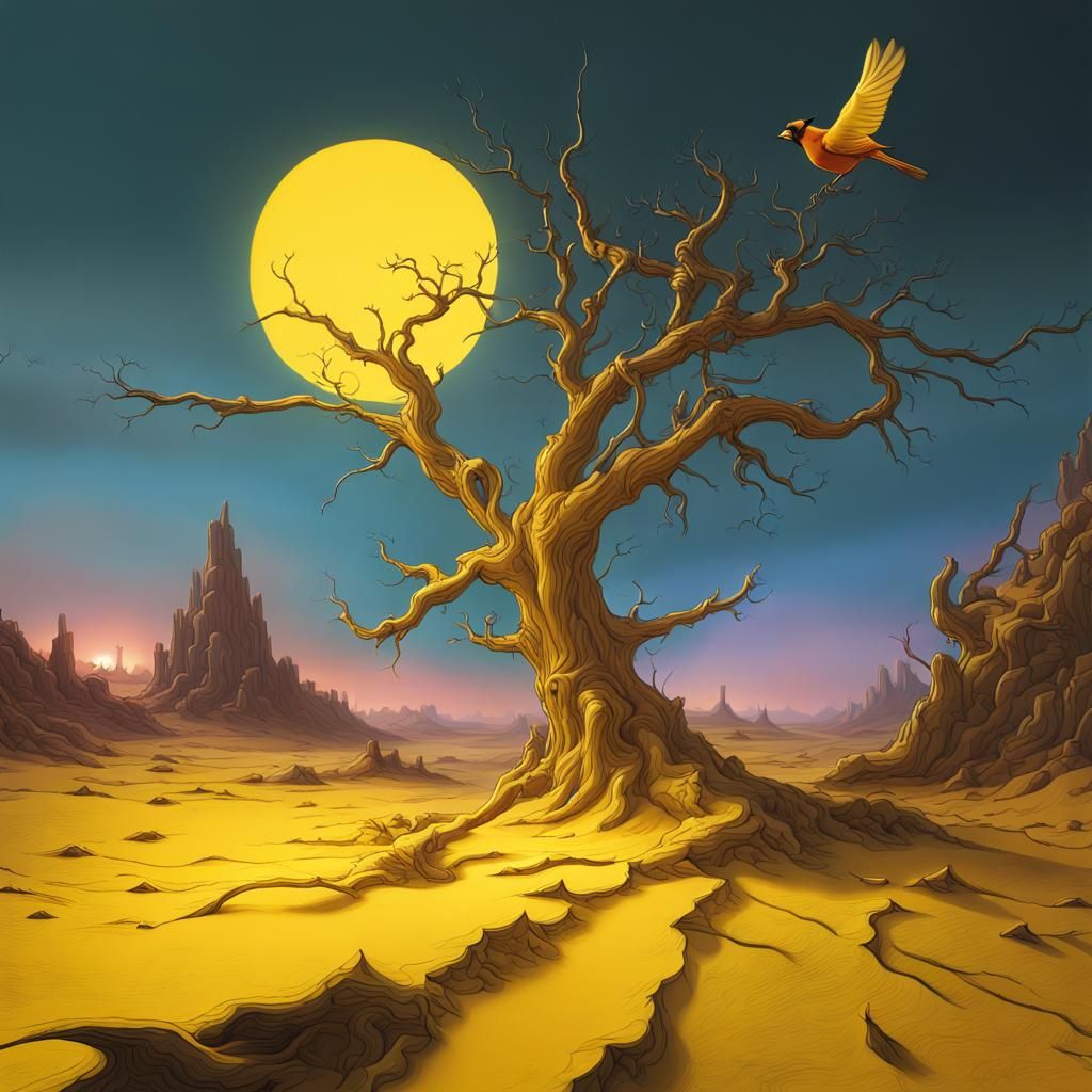 Surreal Cardinal Flies in Twilight Landscape