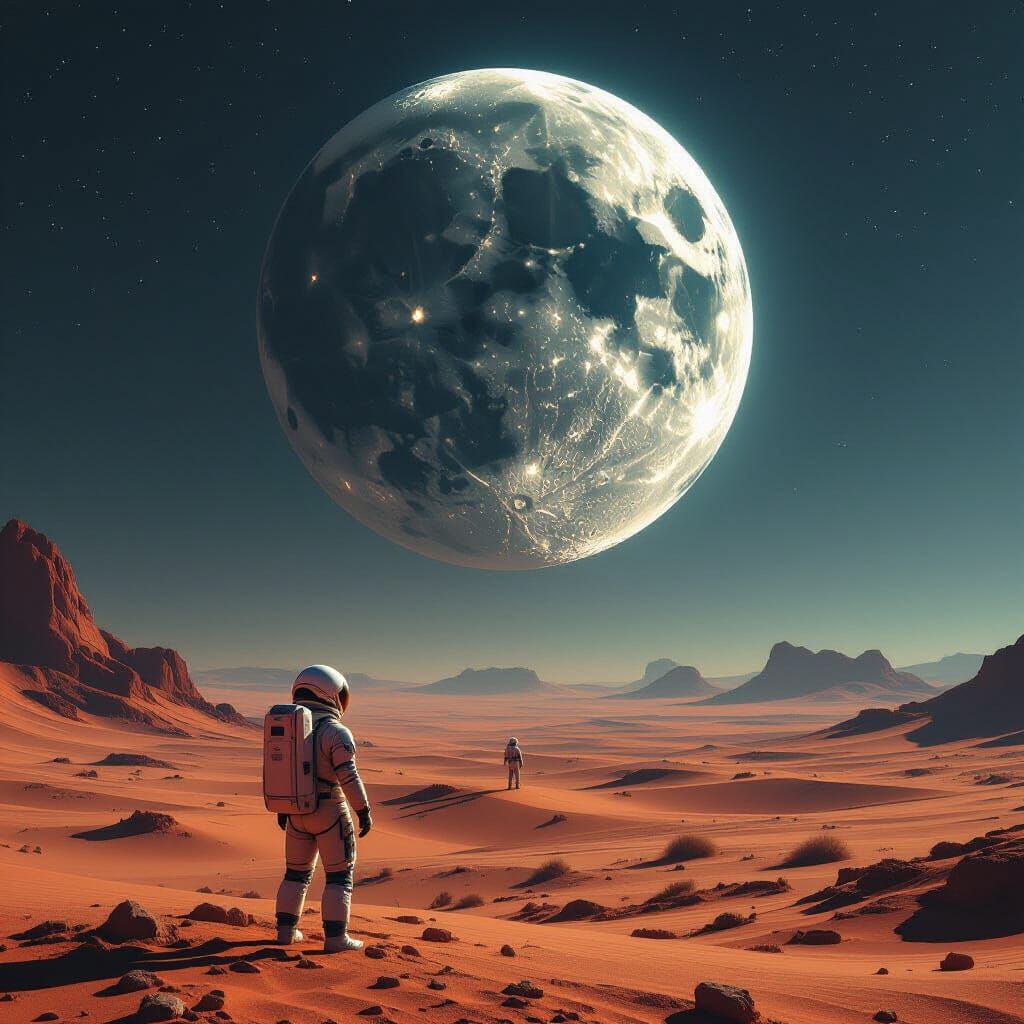 Astronaut Gazes at Shattered Alien Moon