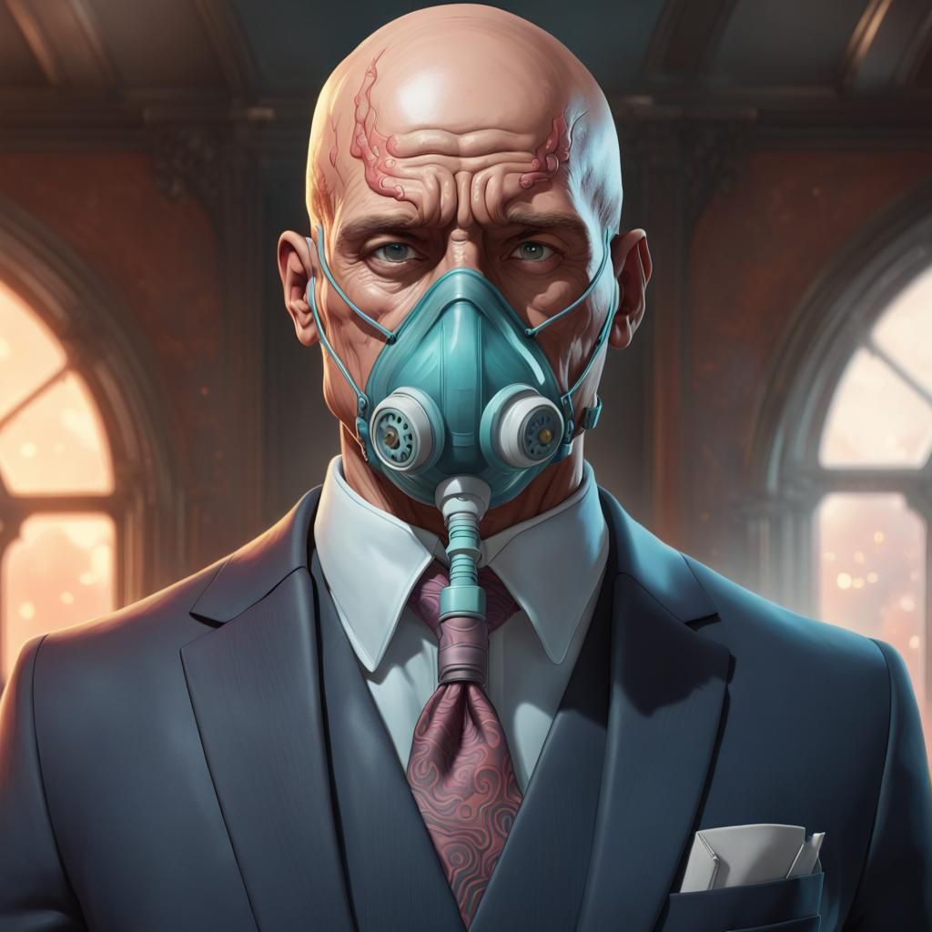 Acid Burned Man with Oxygen Mask: Digital Art Portrait